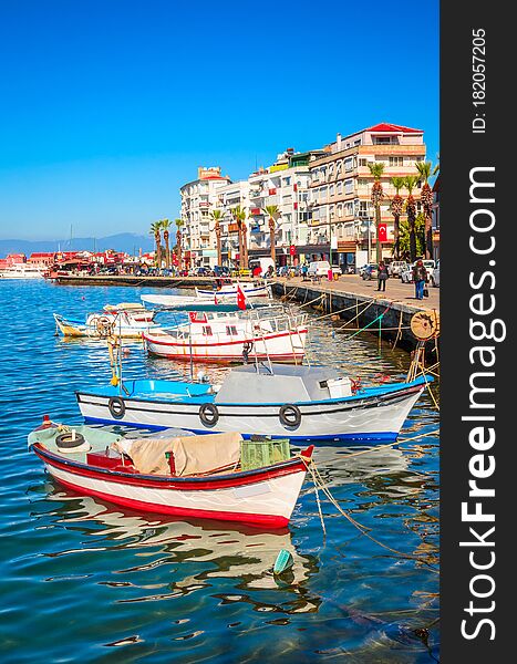 Beautiful sea landscape with boats in city Ayvalik, Turkey. Summer in wonderful Turkey