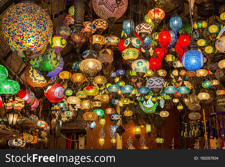Colorful Turkey Glass Lamps At The Egyptian Bazaar And The Grand Bazaar In Istanbul. Turkey