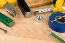 Set Of Tools And Instruments On Wood Stock Photo Set Of Tools And Instruments On Wood Stock Photo
