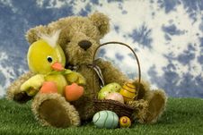 Easter Bear And Duck With Basket Of Eggs Royalty Free Stock Photography Easter Bear And Duck With Basket Of Eggs Royalty Free Stock Photography