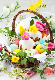 Basket With Easter Eggs And Cake Royalty Free Stock Image