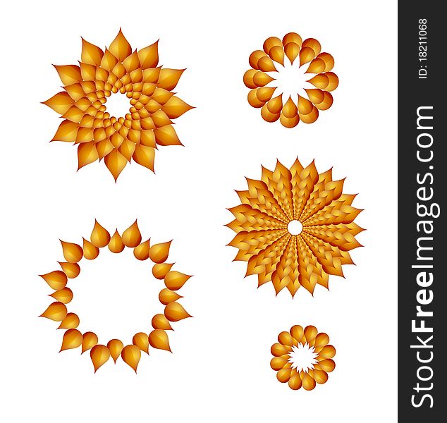 Five orange abstract forms composed of petals