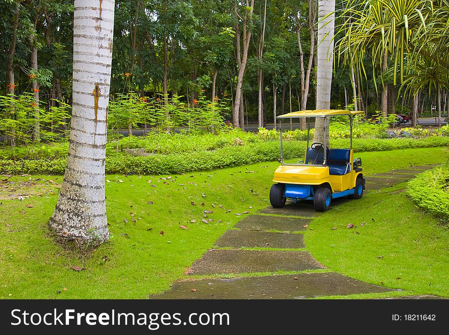 Golf cart on path, pretty green grass