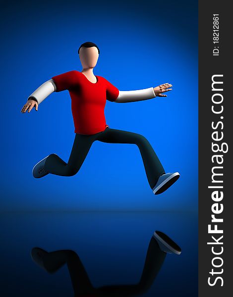 3D Jumping guy, isolated on a blue background with reflection on the floor