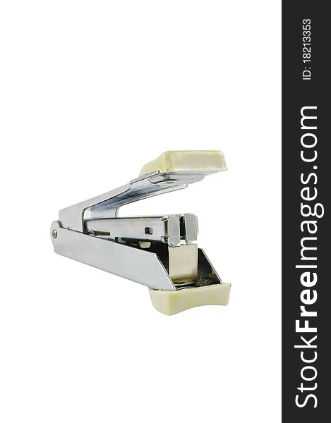 Close up of metallic stapler over the white surface