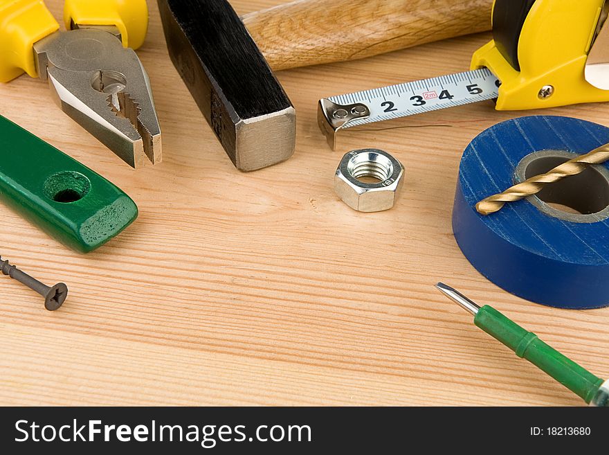 Set Of Tools And Instruments On Wood