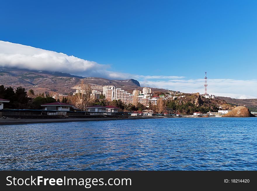 View from the sea to the town Partenit in Crimea