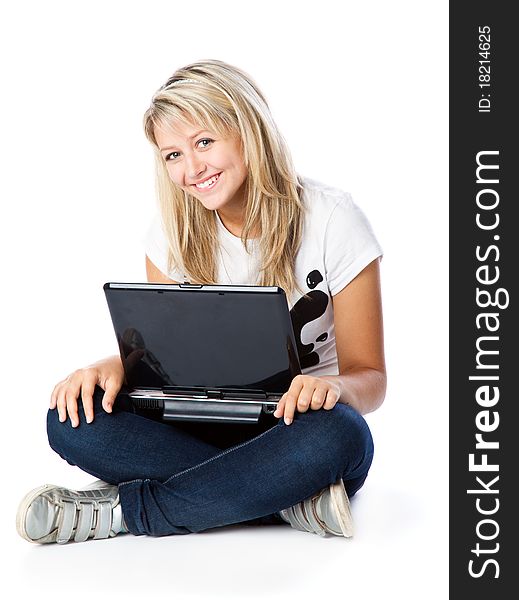 Girl with laptop. Isolated on white background