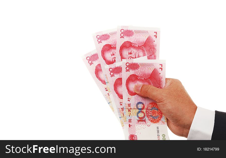 Man with Chinese cash in hand isolated on white