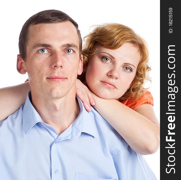 A wife with her smiling husbund. isolated on a white background