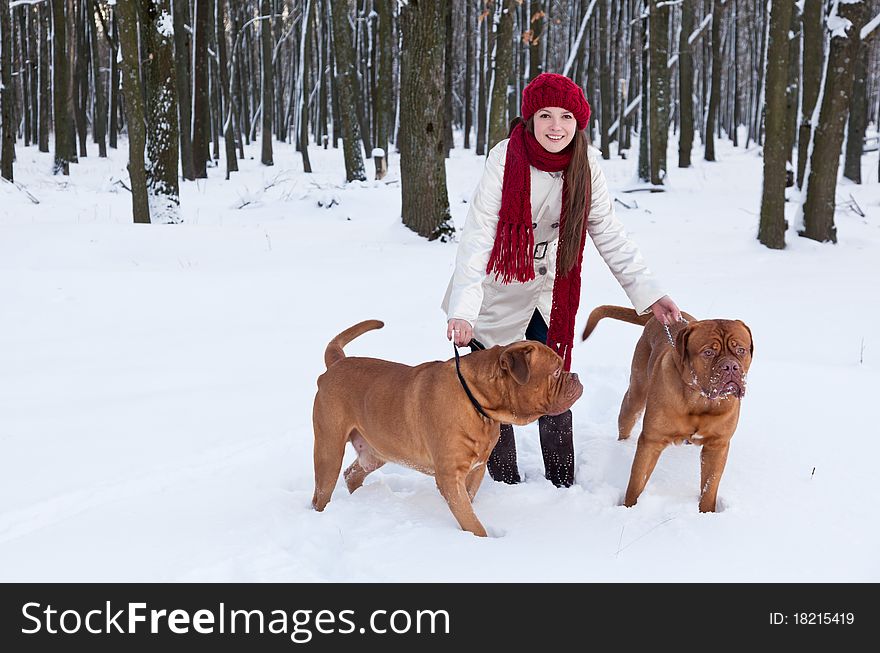 A beautiful smiling woman is walking in the park with her dogs. A beautiful smiling woman is walking in the park with her dogs