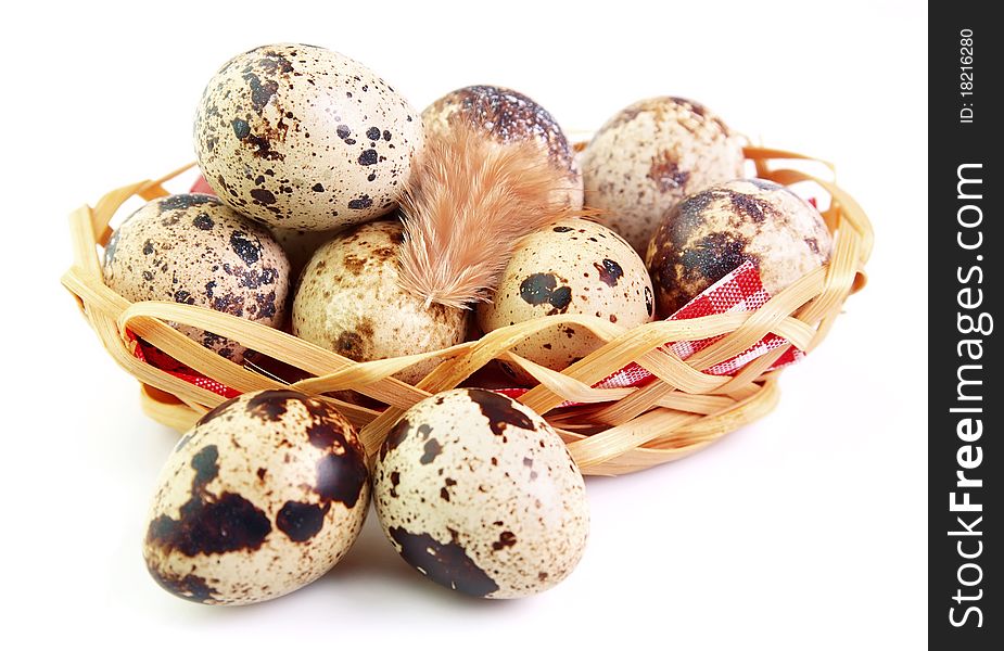 Quail eggs in a basket with a feather
