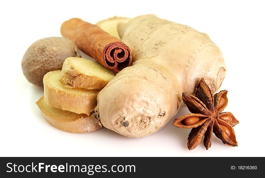 Ginger, nutmeg, cinnamon, anise on a white background. Ginger, nutmeg, cinnamon, anise on a white background