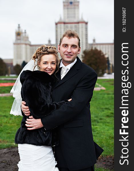 Romantic couple bride and groom at wedding walk