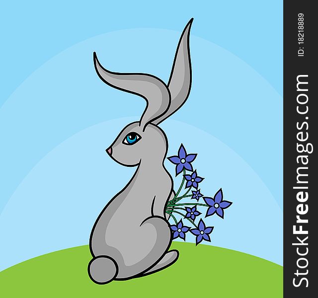 Grey Hare With Blue Flowers