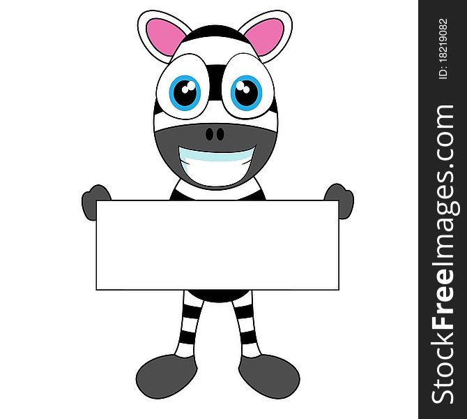 Vector illustration of a cute zebra holding a blank sign. No gradient. Vector illustration of a cute zebra holding a blank sign. No gradient