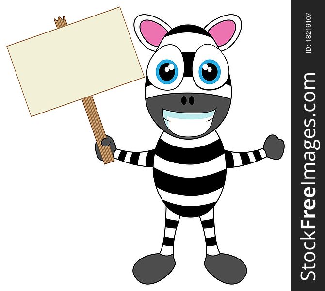 Vector illustration of a cute zebra holding wood sign. No gradient