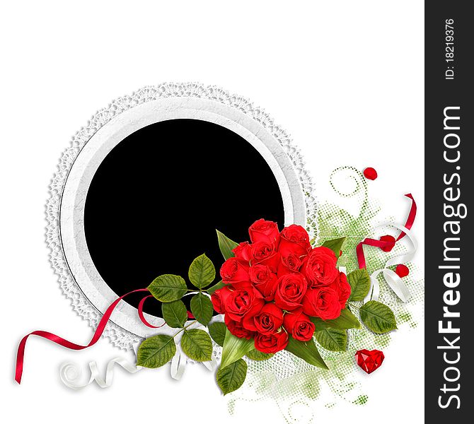 Beautiful white frame with red roses on the white background