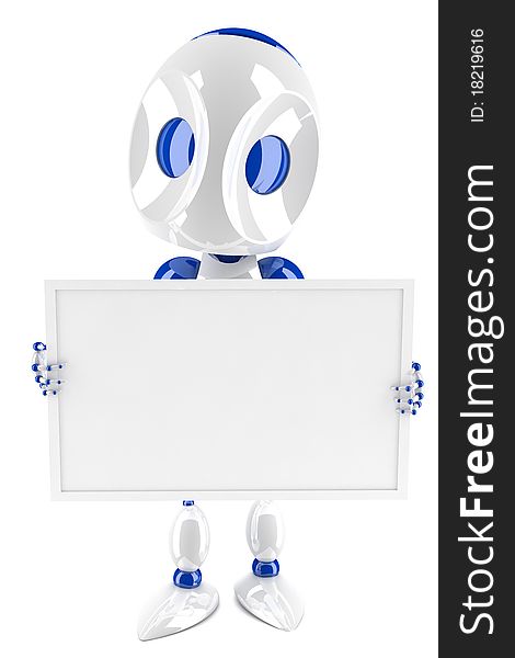 3d robot holding and presenting a blank card