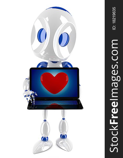 Cute 3d robot holding a shiny laptop with red heart. Cute 3d robot holding a shiny laptop with red heart