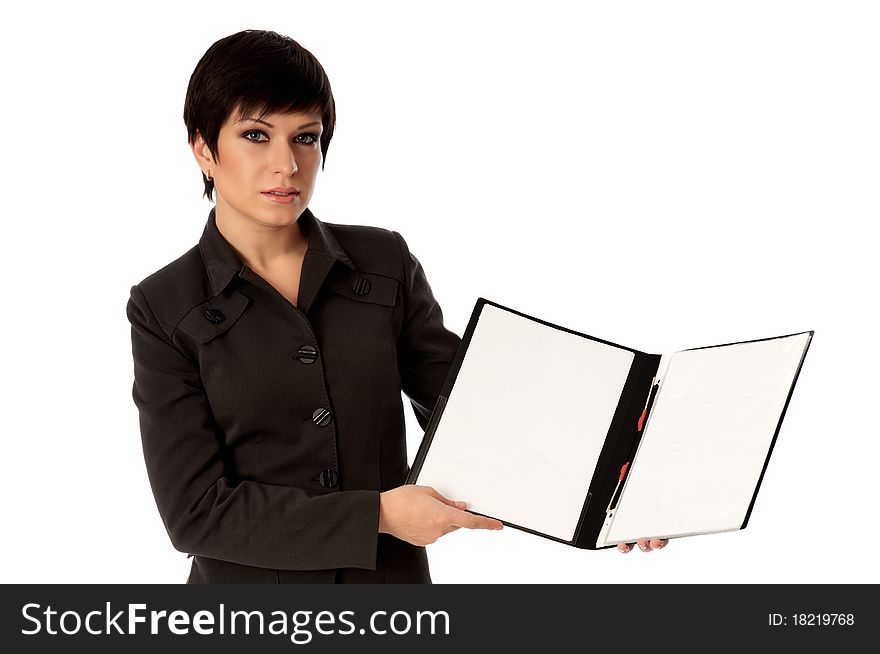 Woman holding file with blank paper in the hand. Woman holding file with blank paper in the hand
