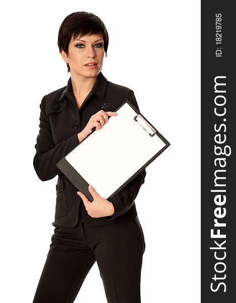 Woman holding clipboard with blank paper in the hand. Woman holding clipboard with blank paper in the hand