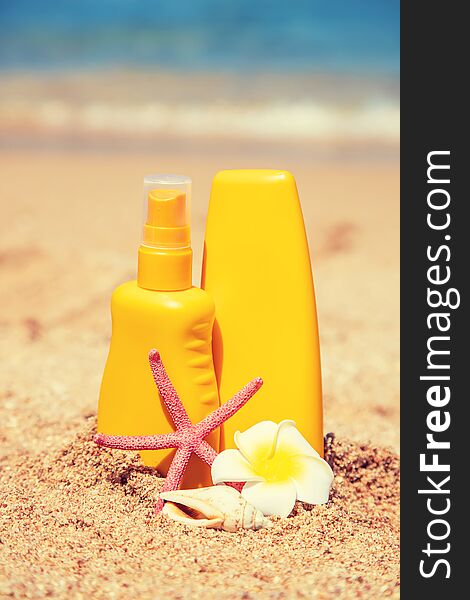 sunblock on the beach. Sun protection. Selective focus. natue
