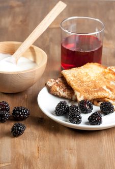 Breakfast With Pancakes, Yogurt And Blackberries Stock Photo Breakfast With Pancakes, Yogurt And Blackberries Stock Photo