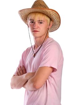 Young Man In Pink Shirt And Cowboy Hat Royalty Free Stock Photography Young Man In Pink Shirt And Cowboy Hat Royalty Free Stock Photography