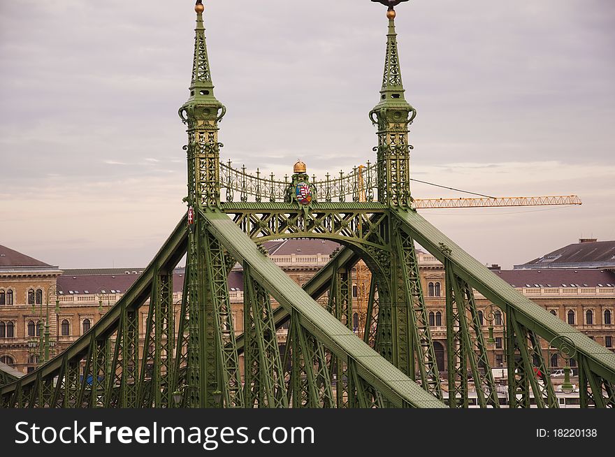 Freedom Bridge, Ezabadság bridge, Budapest, Hungary as seen from Gellert Hill. Freedom Bridge, Ezabadság bridge, Budapest, Hungary as seen from Gellert Hill