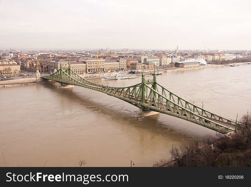 Freedom Bridge, EzabadsÃ¡g bridge, Budapest, Hungary as seen from Gellert Hill. Freedom Bridge, EzabadsÃ¡g bridge, Budapest, Hungary as seen from Gellert Hill