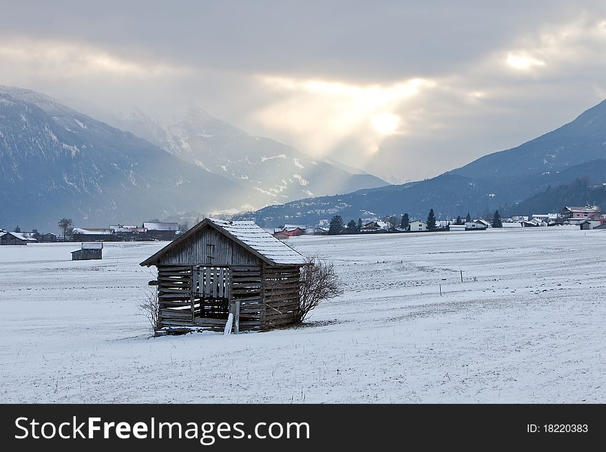 Rural austrian house in the cloudy valley. Rural austrian house in the cloudy valley