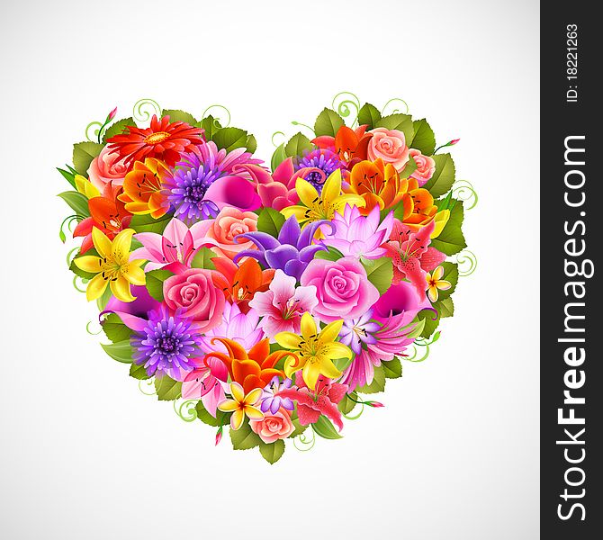Heart of beautiful flowers with roses, gerberas, lilies and others. Heart of beautiful flowers with roses, gerberas, lilies and others