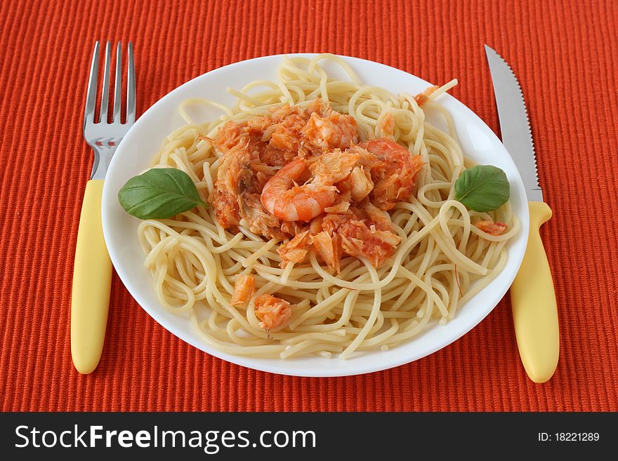 Spaghetti With Codfish, Shrimps