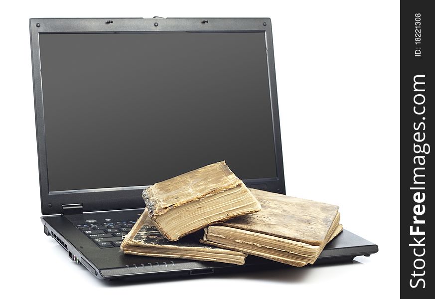 Old worn book with a laptop for your design. Old worn book with a laptop for your design
