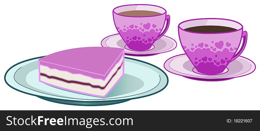 Pink heart printed coffee and tea cups with cream cake for valentines day. Pink heart printed coffee and tea cups with cream cake for valentines day