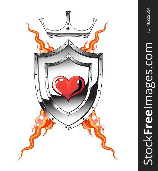 Heart of aloe on the shield with a crown and a flame of fire. Heart of aloe on the shield with a crown and a flame of fire