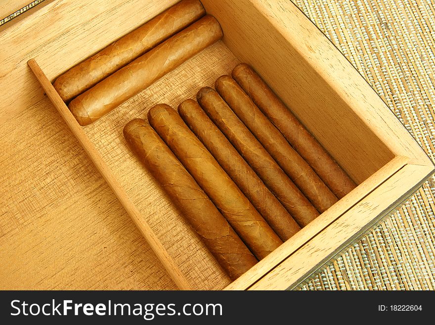 Collection of cigars in open humidor. Close-up.