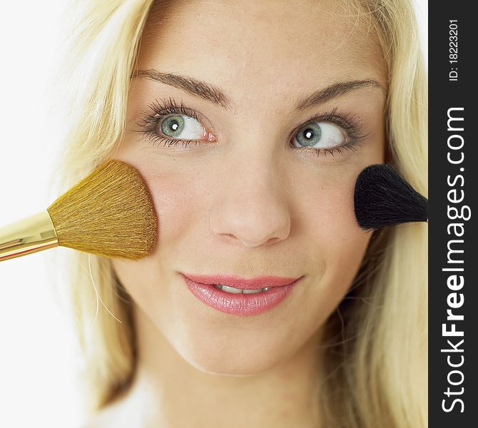 Portrait of young woman make up brushes. Portrait of young woman make up brushes