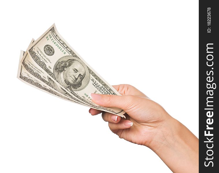 Hand holding money dollars isolated on white background. Hand holding money dollars isolated on white background