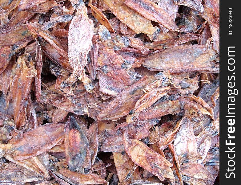 Many Dried Squid at fresh Market in Bangkok Thailand