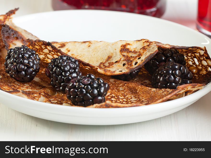 Plate of pancakes with fresh blackberries. Plate of pancakes with fresh blackberries