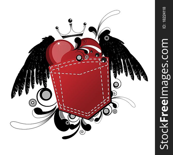 Heart scarlet with black wings and curls in the jeans pocket. Heart scarlet with black wings and curls in the jeans pocket