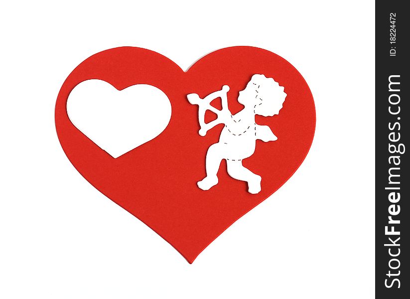 White cupid aiming arrow at a small heart all on a large red heart isolated on white background. White cupid aiming arrow at a small heart all on a large red heart isolated on white background