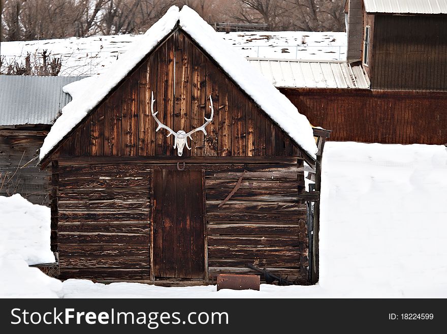 A winter scene in the western US with old an barn, elk antlers, and other farm buildings/. A winter scene in the western US with old an barn, elk antlers, and other farm buildings/