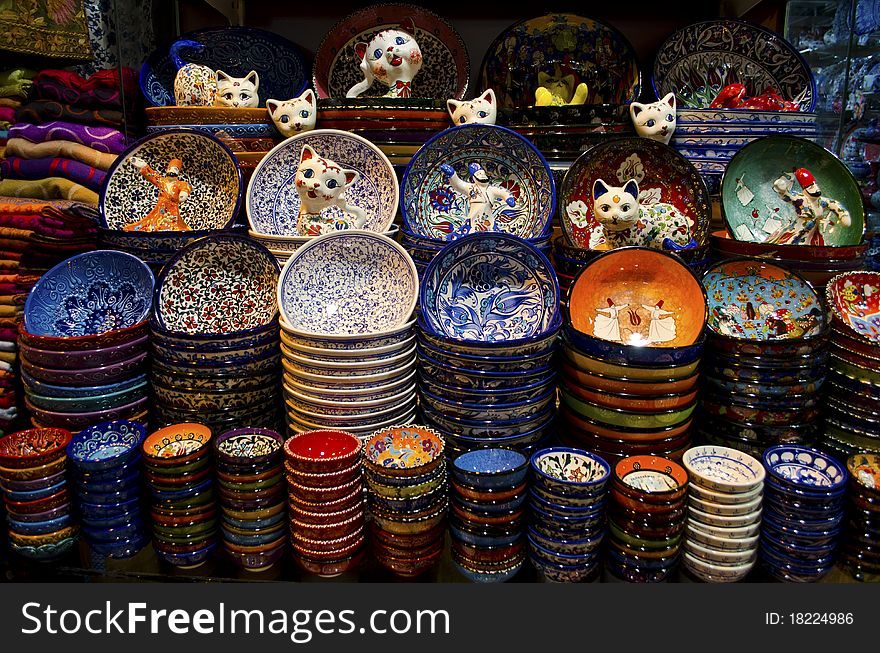 Display of colored plates souvenirs in Grand Bazaar, Istanbul, Turkey. Display of colored plates souvenirs in Grand Bazaar, Istanbul, Turkey