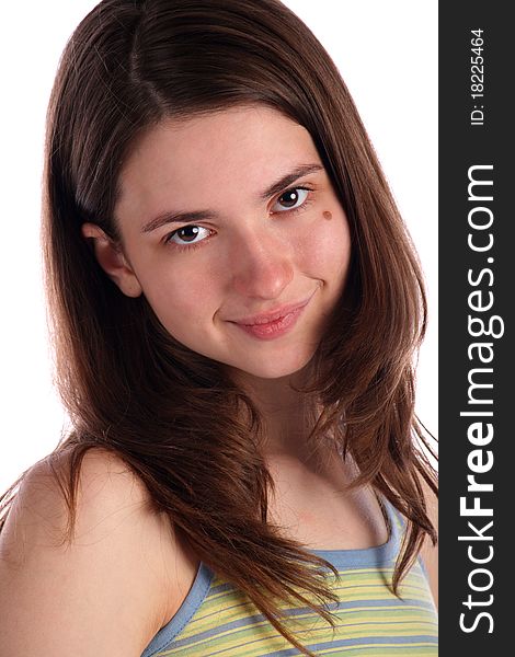 Girl in green stripy top face close-up. Isolated on white.