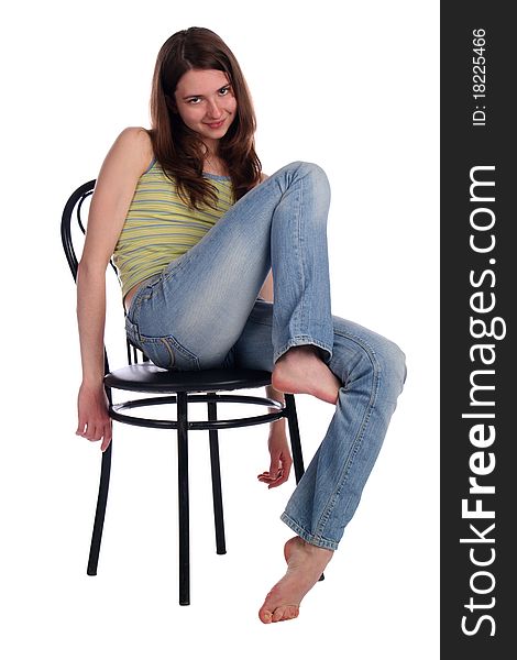 Girl sit on stool truck up leg.