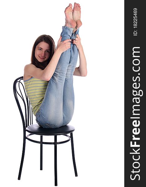 Girl Sit On Stool Take Legs Up.