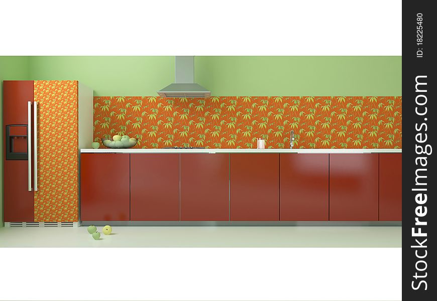 Interior of modern large red and green kitchen, 3d render. Interior of modern large red and green kitchen, 3d render